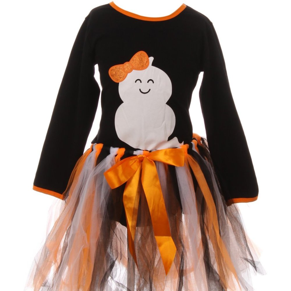 Little Girls 2 Pieces Skirt Set Halloween Ghost T-Shirt Top Tutu Tulle Skirt Set